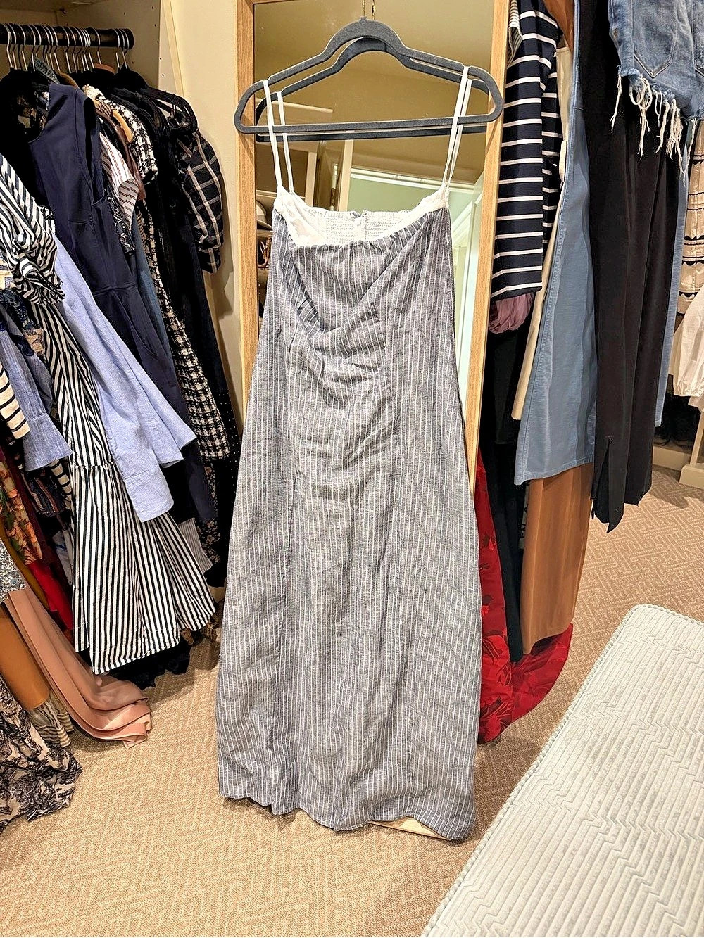 Quince Linen Dress Gray & White Striped Maxi Dress